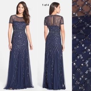 New Adrianna Papell beaded short sleeve mesh gown